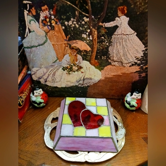 Handmade Stained glass heart ❤️💖 Candy 🍬 Dish Pink/Yellow and Red🥣Nice!🏘🎁 - Picture 1 of 11